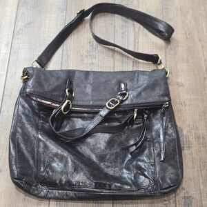 Helen Welsh Black Genuine Leather Foldover Crossbody Bag Floral Lining Large